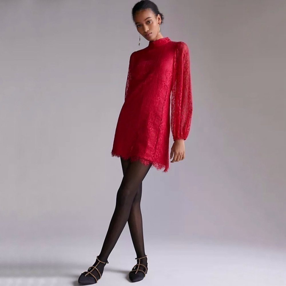 NWT Anthropologie Maeve Lace Open Back Mini Dress Raspberry Red 8 Medium